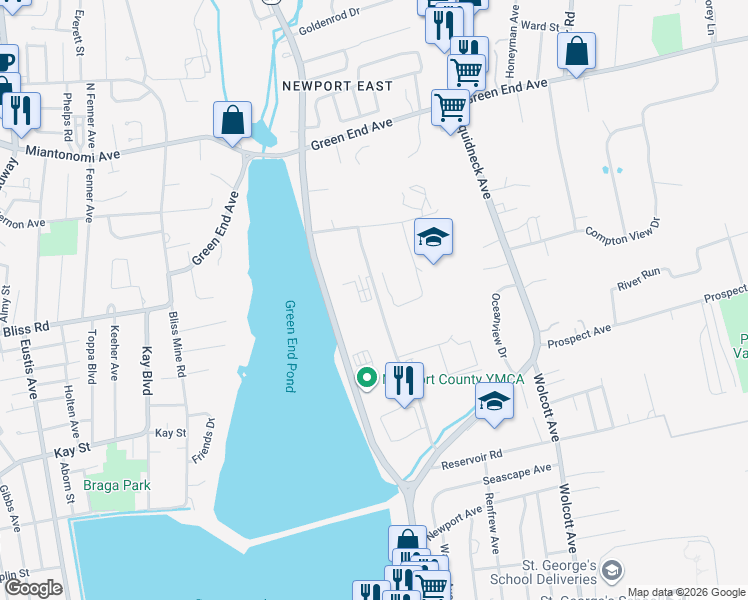 map of restaurants, bars, coffee shops, grocery stores, and more near 97 John Clarke Road in Middletown