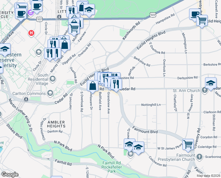 map of restaurants, bars, coffee shops, grocery stores, and more near Cedar Road in Cleveland