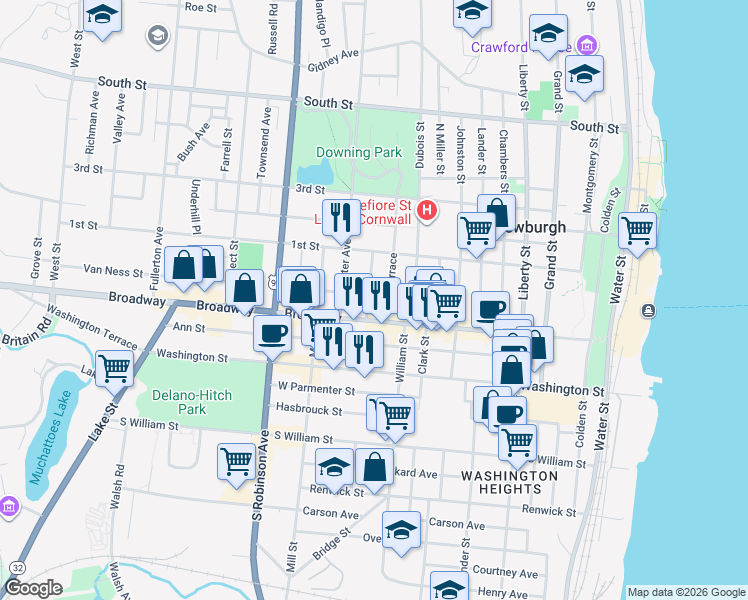 map of restaurants, bars, coffee shops, grocery stores, and more near 222 Broadway in Newburgh