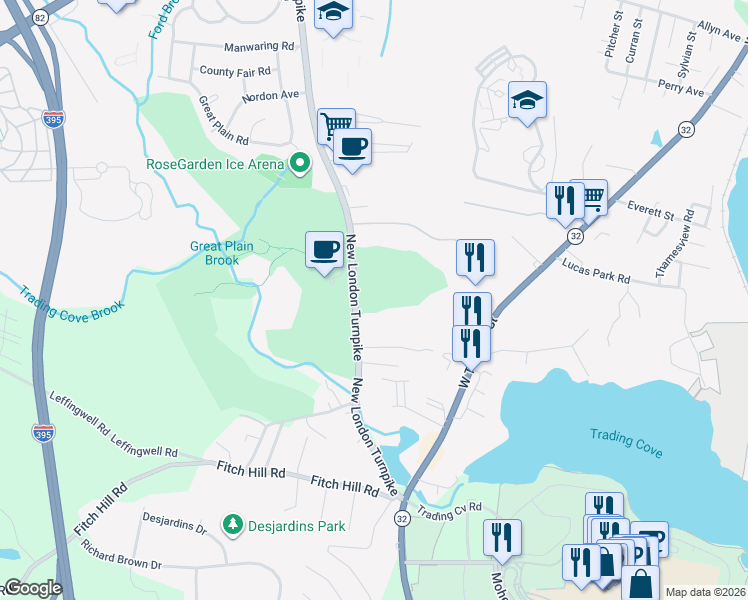 map of restaurants, bars, coffee shops, grocery stores, and more near 700 New London Turnpike in Norwich