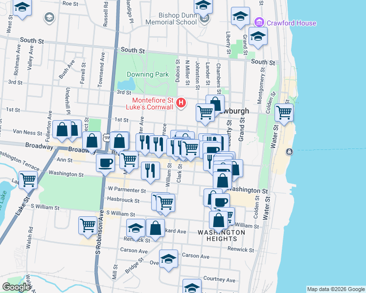 map of restaurants, bars, coffee shops, grocery stores, and more near 21 South Miller Street in Newburgh