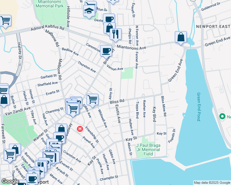 map of restaurants, bars, coffee shops, grocery stores, and more near 5 Kyle Terrace in Newport