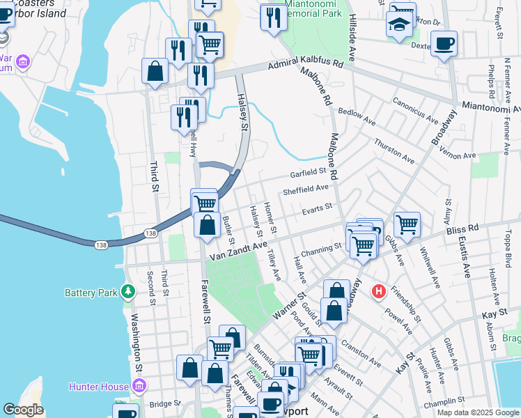 map of restaurants, bars, coffee shops, grocery stores, and more near 16 Homer Street in Newport