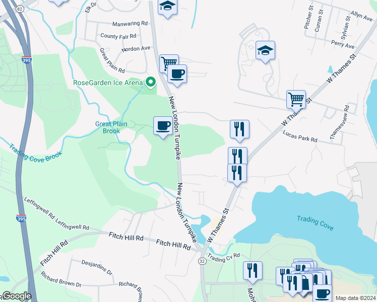 map of restaurants, bars, coffee shops, grocery stores, and more near 700 New London Turnpike in Norwich