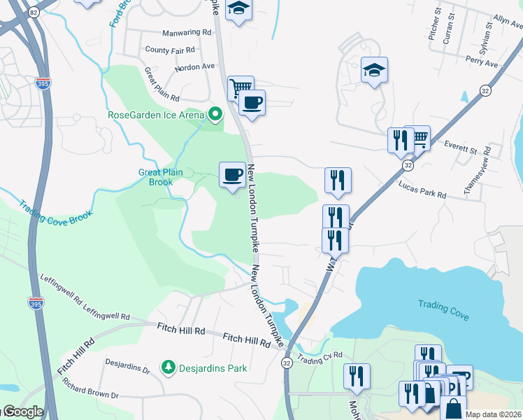 map of restaurants, bars, coffee shops, grocery stores, and more near 700 New London Turnpike in Norwich