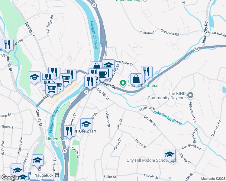 map of restaurants, bars, coffee shops, grocery stores, and more near 84 City Hill Street in Naugatuck