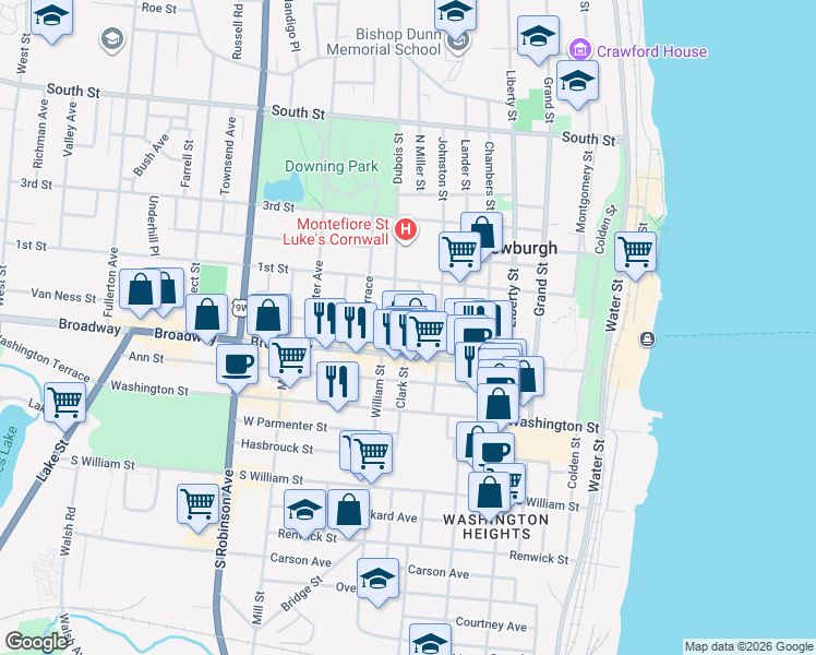 map of restaurants, bars, coffee shops, grocery stores, and more near 168 Broadway in Newburgh