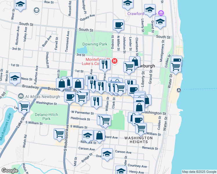 map of restaurants, bars, coffee shops, grocery stores, and more near 194 Broadway in Newburgh