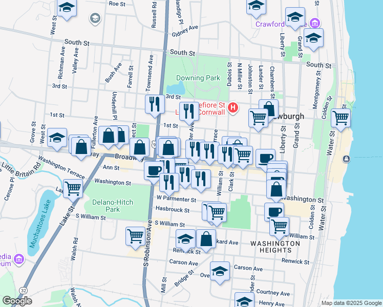 map of restaurants, bars, coffee shops, grocery stores, and more near 261 Broadway in Newburgh