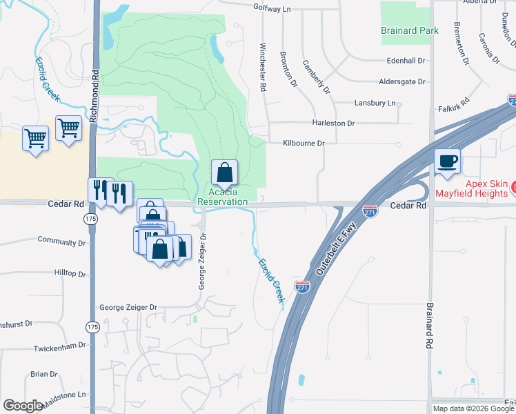 map of restaurants, bars, coffee shops, grocery stores, and more near in Beachwood
