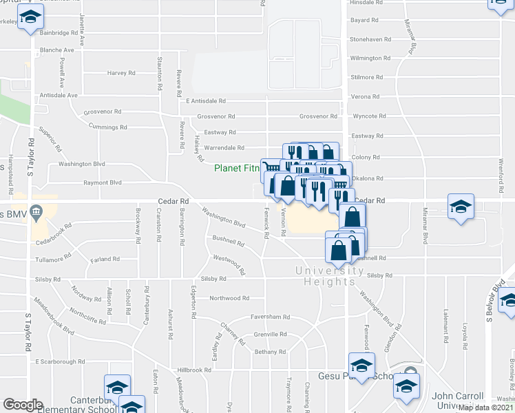 map of restaurants, bars, coffee shops, grocery stores, and more near 2176 Fenwick Road in University Heights