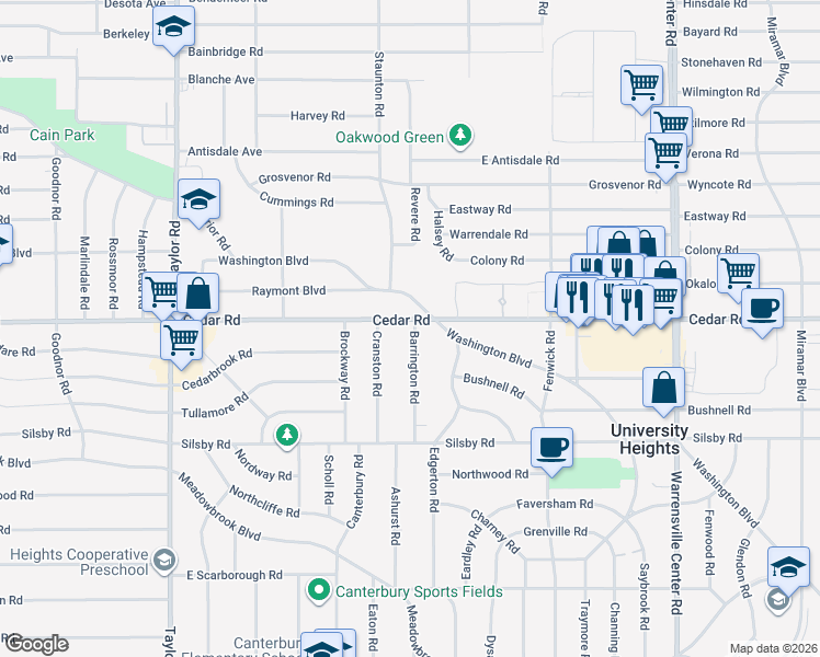 map of restaurants, bars, coffee shops, grocery stores, and more near 2175 Barrington Road in University Heights