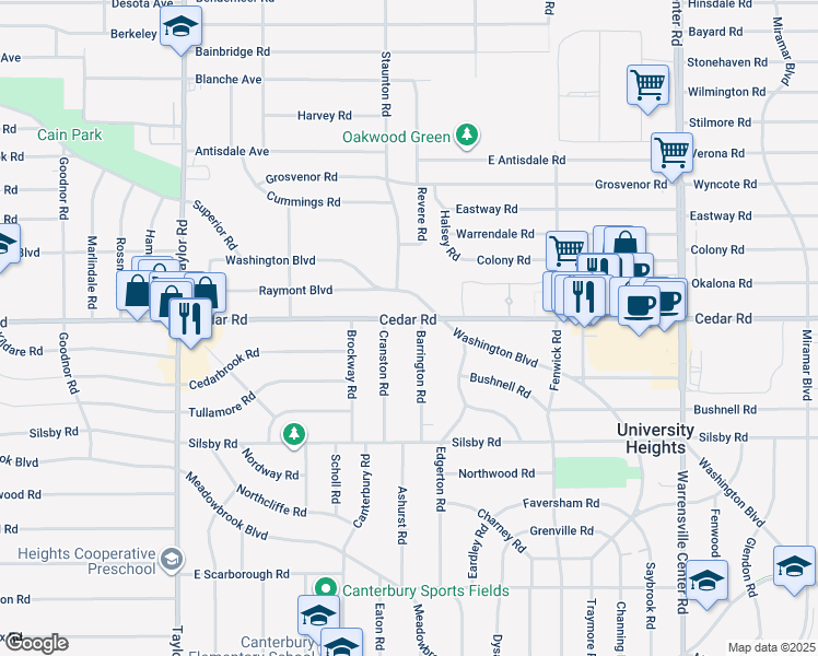 map of restaurants, bars, coffee shops, grocery stores, and more near 2179 Cranston Road in University Heights