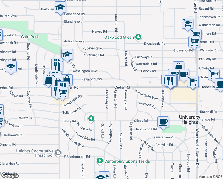 map of restaurants, bars, coffee shops, grocery stores, and more near 2175 Brockway Road in University Heights