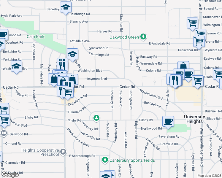 map of restaurants, bars, coffee shops, grocery stores, and more near 2175 Brockway Road in University Heights