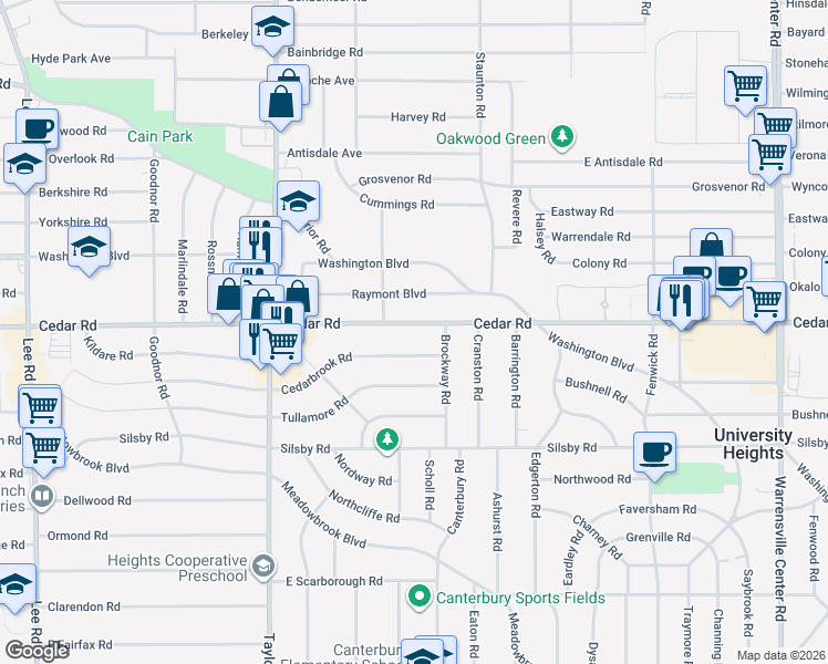 map of restaurants, bars, coffee shops, grocery stores, and more near 3605 Cedarbrook Road in Cleveland Heights