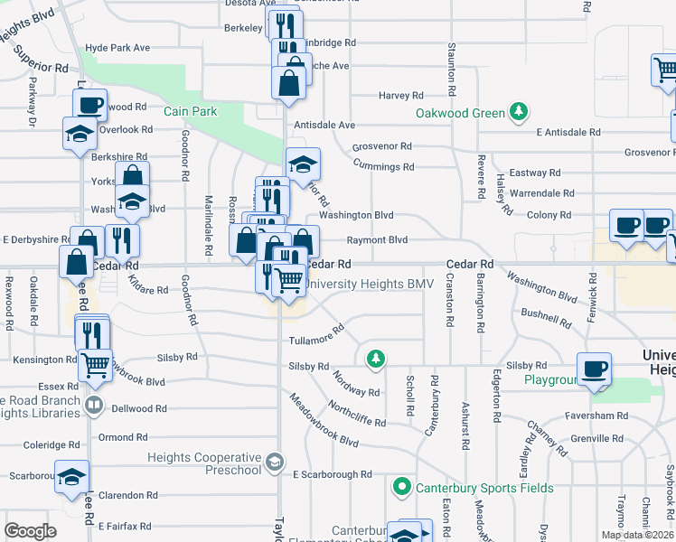 map of restaurants, bars, coffee shops, grocery stores, and more near 3525 Cedarbrook Road in Cleveland Heights