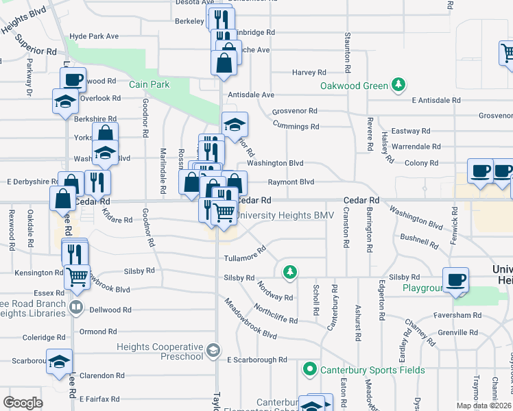 map of restaurants, bars, coffee shops, grocery stores, and more near 3525 Cedarbrook Road in Cleveland Heights