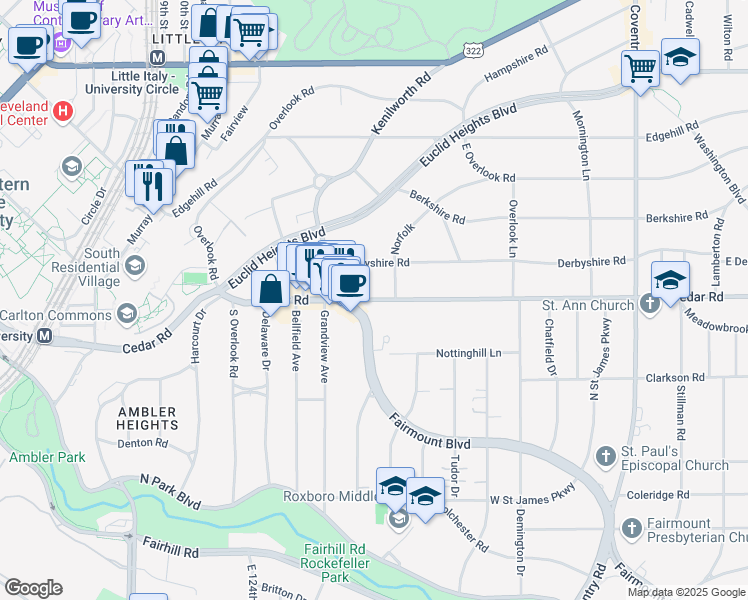 map of restaurants, bars, coffee shops, grocery stores, and more near 2493 Fairmount Boulevard in Cleveland Heights