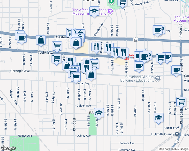 map of restaurants, bars, coffee shops, grocery stores, and more near 8217 Cedar Avenue in Cleveland