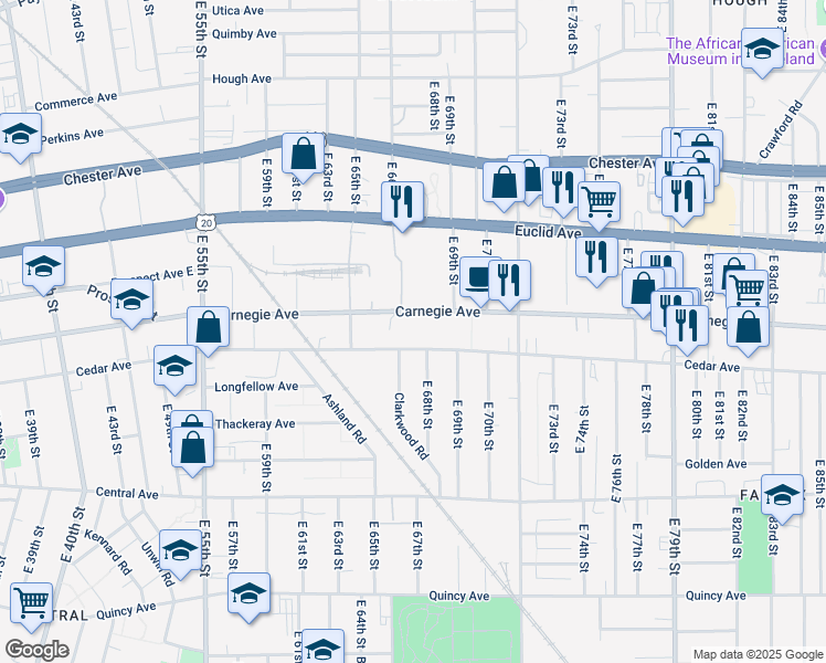 map of restaurants, bars, coffee shops, grocery stores, and more near 6706 Cedar Avenue in Cleveland