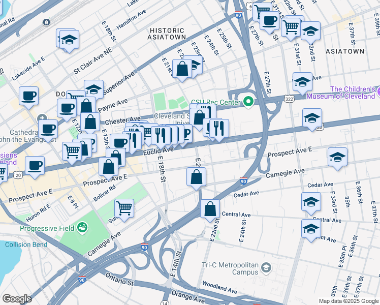 map of restaurants, bars, coffee shops, grocery stores, and more near in Cleveland