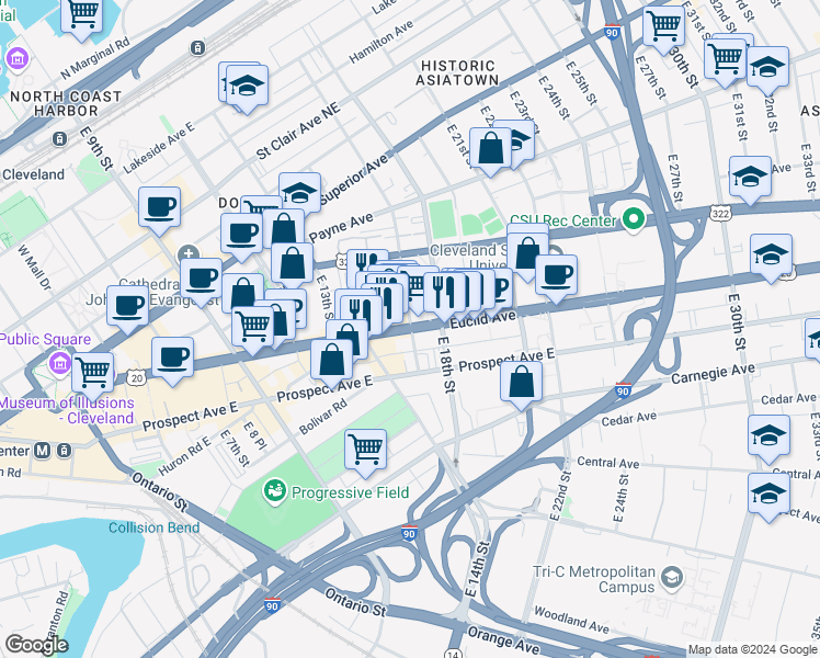 map of restaurants, bars, coffee shops, grocery stores, and more near 1710 Euclid Avenue in Cleveland