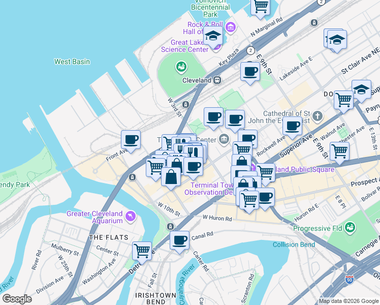 map of restaurants, bars, coffee shops, grocery stores, and more near 1265 West 6th Street in Cleveland