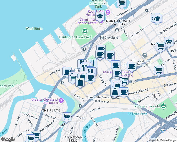 map of restaurants, bars, coffee shops, grocery stores, and more near 1265 West 6th Street in Cleveland