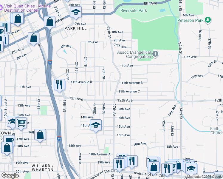 map of restaurants, bars, coffee shops, grocery stores, and more near 1187 26th Street A in Moline