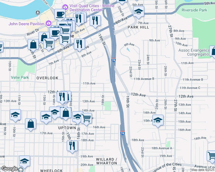 map of restaurants, bars, coffee shops, grocery stores, and more near 1825 12th Ave in Moline