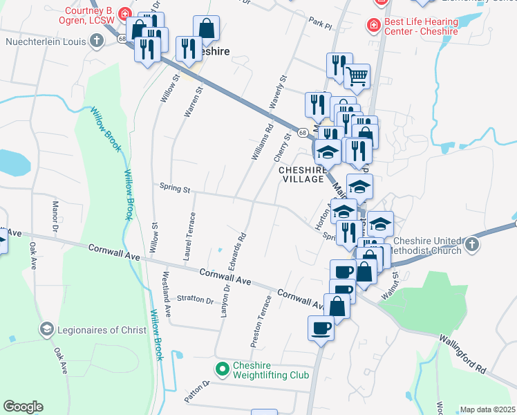 map of restaurants, bars, coffee shops, grocery stores, and more near 122 Edwards Road in Cheshire