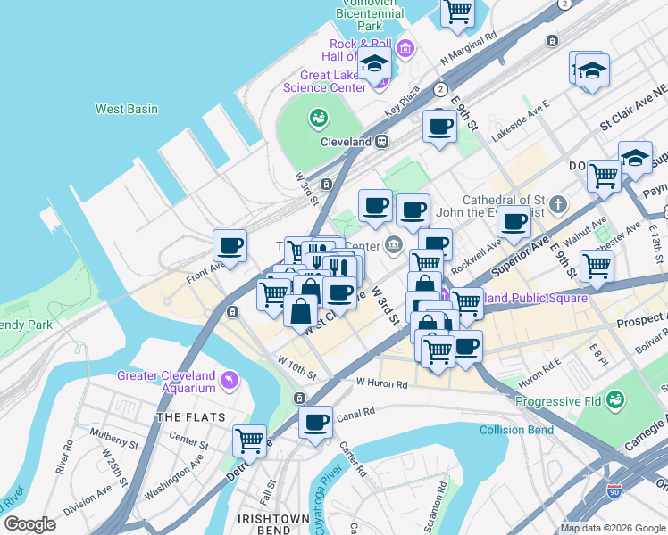 map of restaurants, bars, coffee shops, grocery stores, and more near 1265 West 6th Street in Cleveland