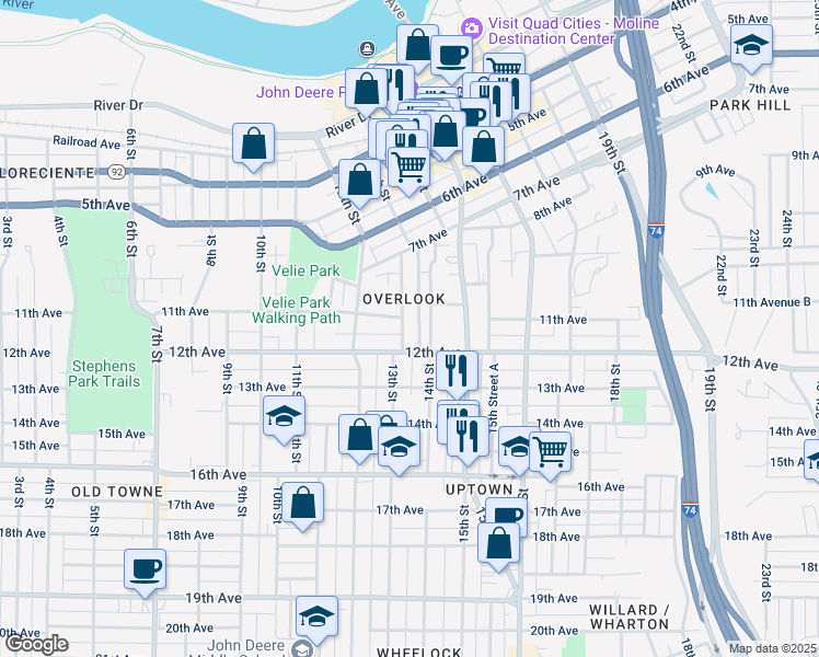 map of restaurants, bars, coffee shops, grocery stores, and more near 1110 13th Street in Moline