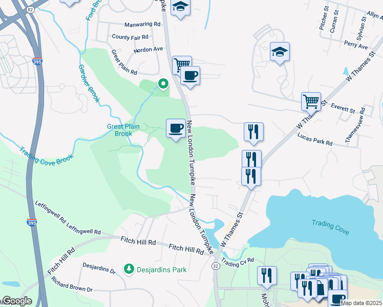 map of restaurants, bars, coffee shops, grocery stores, and more near 700 New London Turnpike in Norwich