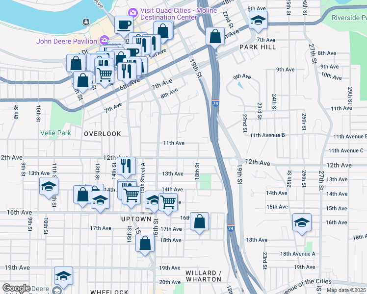 map of restaurants, bars, coffee shops, grocery stores, and more near 1714 11th Avenue in Moline