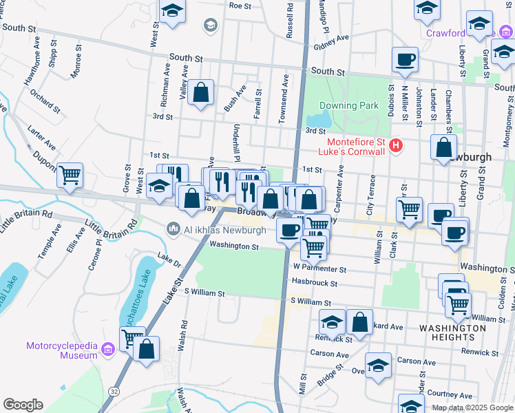 map of restaurants, bars, coffee shops, grocery stores, and more near 345 Broadway in Newburgh