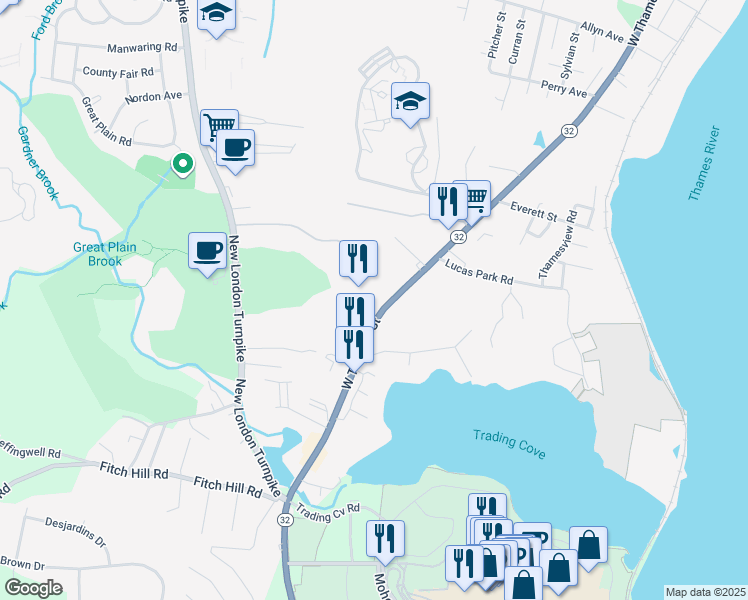 map of restaurants, bars, coffee shops, grocery stores, and more near 656 West Thames Street in Norwich