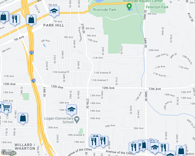 map of restaurants, bars, coffee shops, grocery stores, and more near 2741 11th Avenue C in Moline