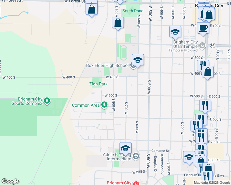 map of restaurants, bars, coffee shops, grocery stores, and more near 510 South 800 West in Brigham City