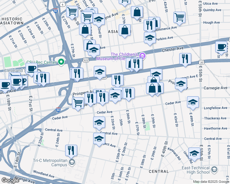 map of restaurants, bars, coffee shops, grocery stores, and more near 3334 Prospect Avenue East in Cleveland