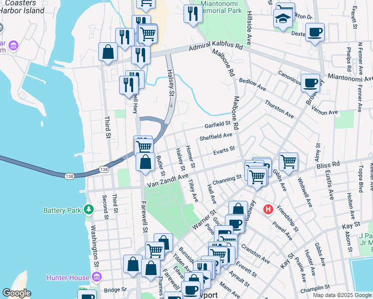 map of restaurants, bars, coffee shops, grocery stores, and more near 16 Homer Street in Newport