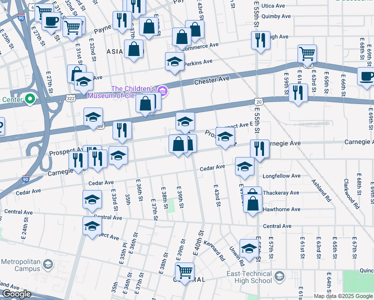 map of restaurants, bars, coffee shops, grocery stores, and more near 3854 Carnegie Avenue in Cleveland
