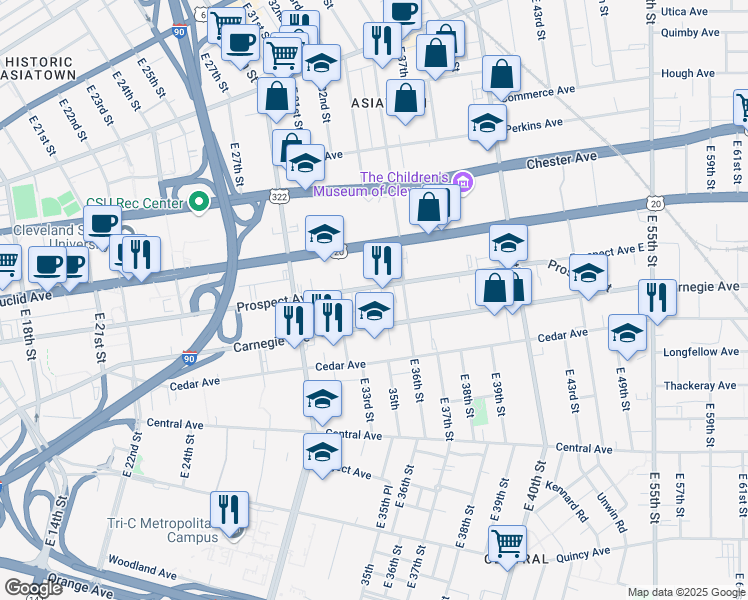 map of restaurants, bars, coffee shops, grocery stores, and more near 3334 Prospect Avenue East in Cleveland