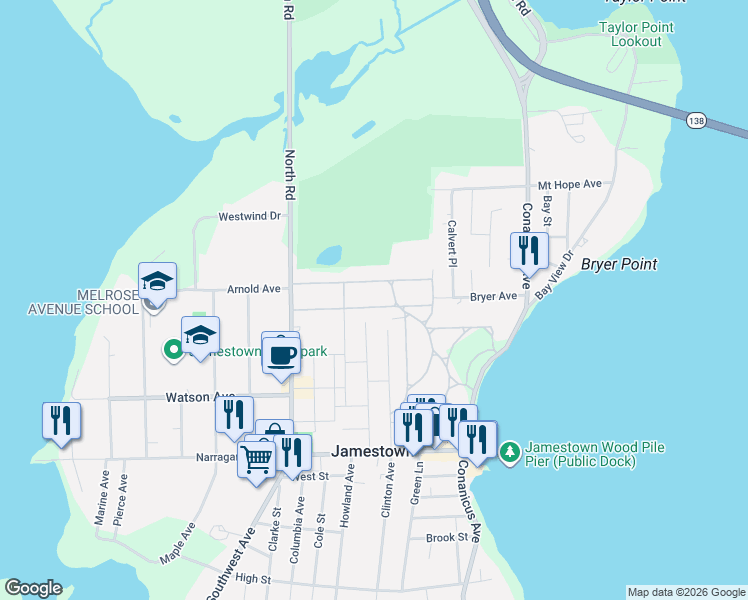 map of restaurants, bars, coffee shops, grocery stores, and more near 75 Grinnell Street in Jamestown