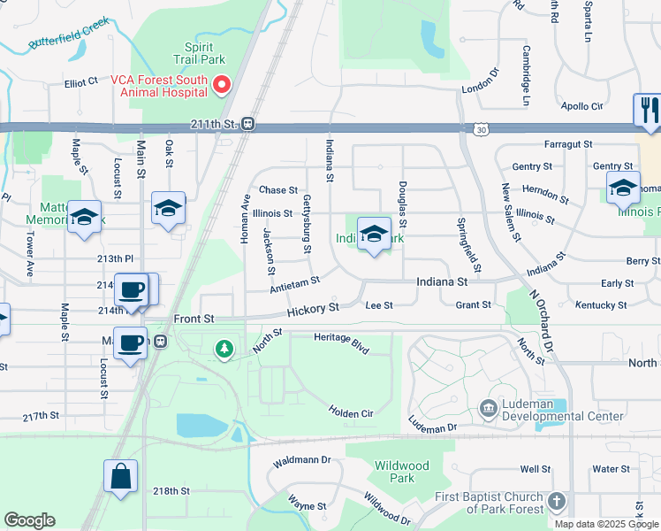 map of restaurants, bars, coffee shops, grocery stores, and more near 507 Antietam Street in Park Forest