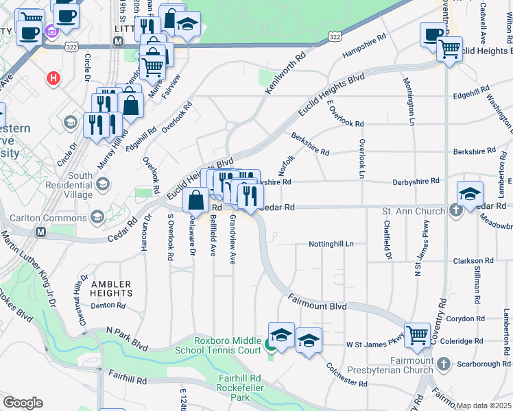 map of restaurants, bars, coffee shops, grocery stores, and more near 12467 Cedar Rd in Cleveland