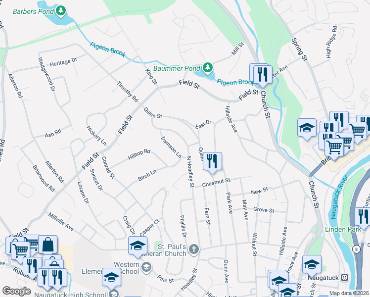 map of restaurants, bars, coffee shops, grocery stores, and more near 242 North Hoadley Street in Naugatuck