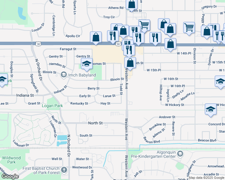 map of restaurants, bars, coffee shops, grocery stores, and more near 119 Berry Street in Park Forest