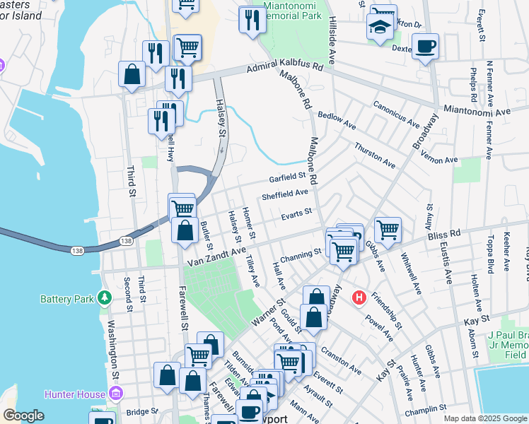 map of restaurants, bars, coffee shops, grocery stores, and more near 4 Armstrong Place in Newport